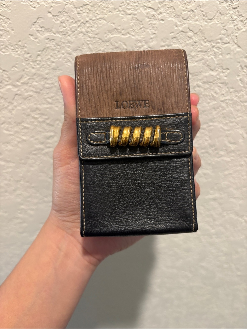 Loewe Black & Brown Leather Card Holder with Gold Coil Detail